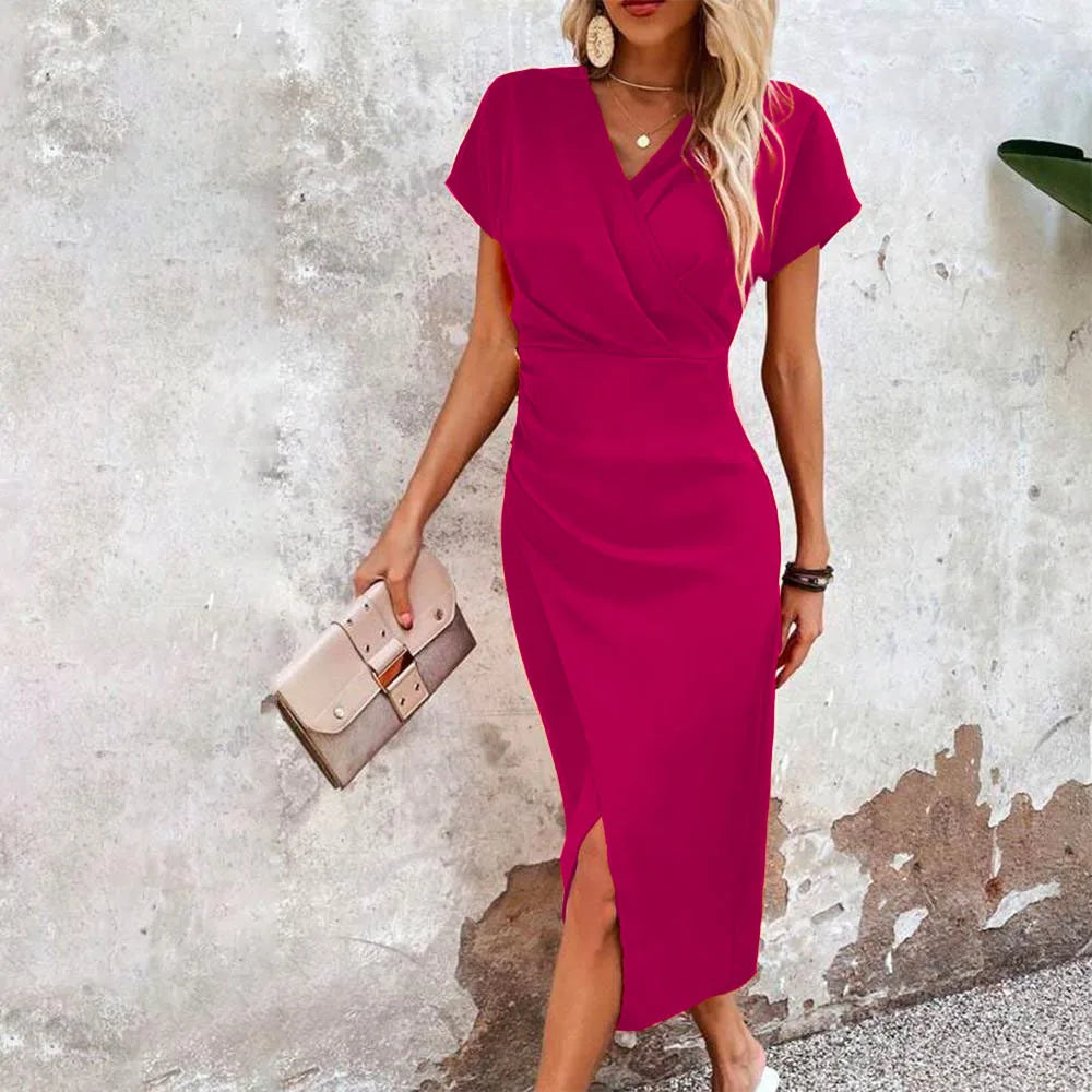Women's Wrap V Neck Short Sleeves Formal Dress | Midi