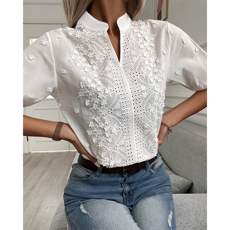 Women's White Mandarin Neckline Embroidered Blouse | Puff Sleeve