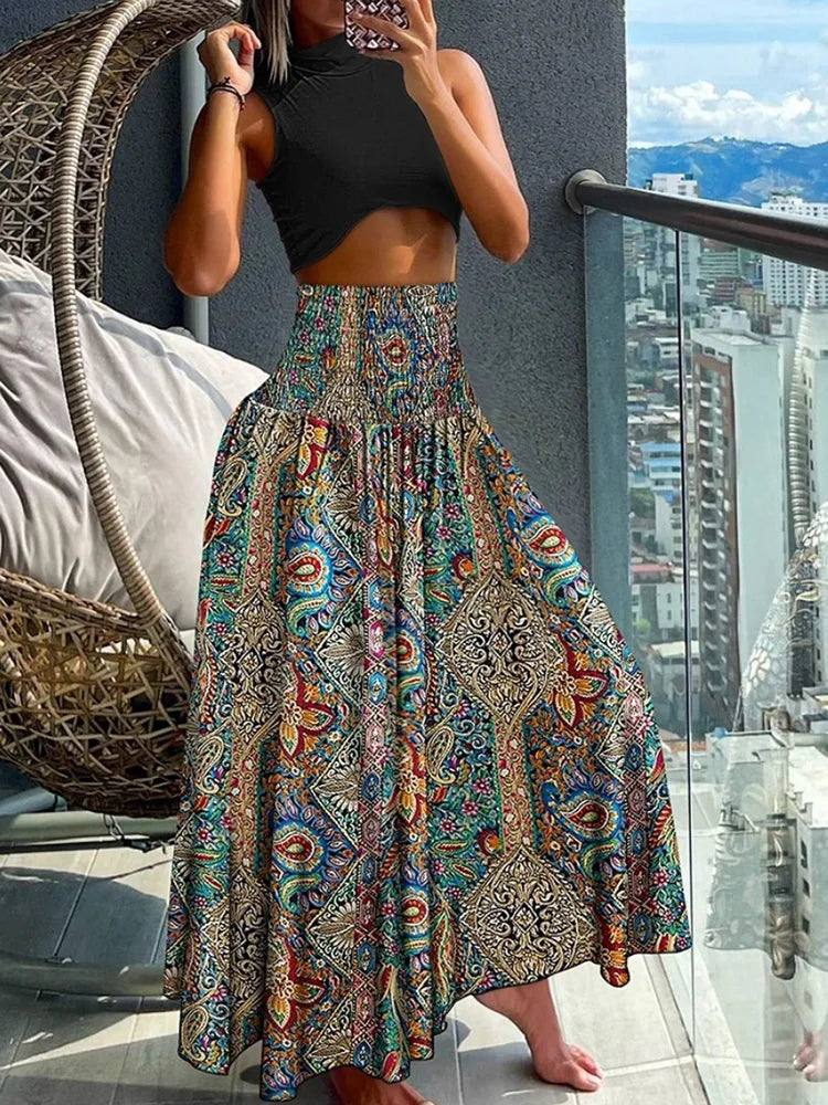 Women's Tropical Leaf Print A-Line Summer Skirt | Maxi
