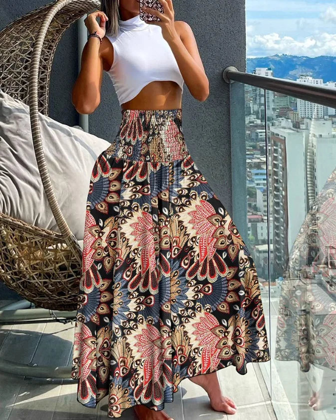 Women's Tropical Leaf Print A-Line Summer Skirt | Maxi