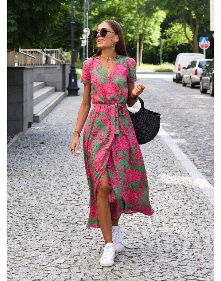 Women's Summer Vibrant Short Sleeve Wrap Maxi Dress | V-Neck