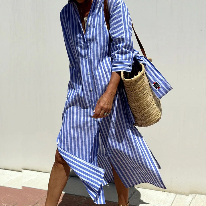 Women's Striped Collared 3/4 Sleeves Shirt Dress | Maxi