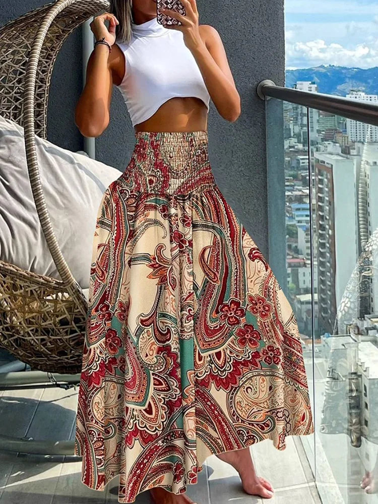 Women's Tropical Leaf Print A-Line Summer Skirt | Maxi