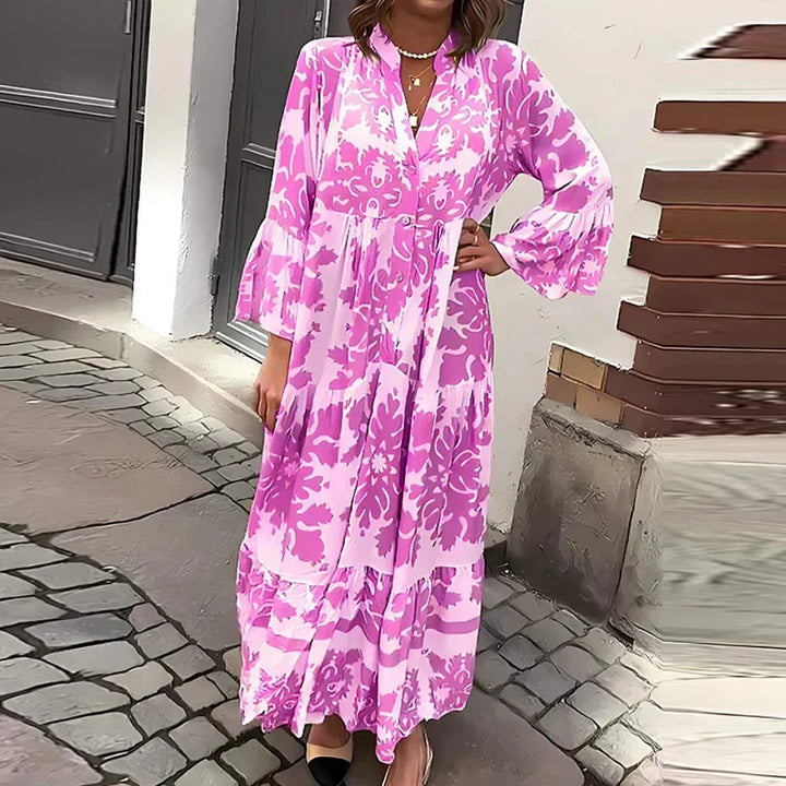 Women's Long Sleeves V-Neck Tiered Floral Dress | Maxi