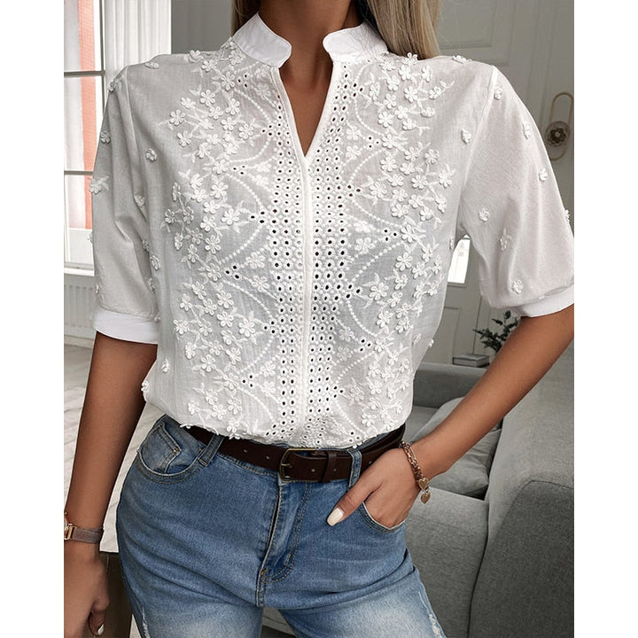 Women's White Mandarin Neckline Embroidered Blouse | Puff Sleeve