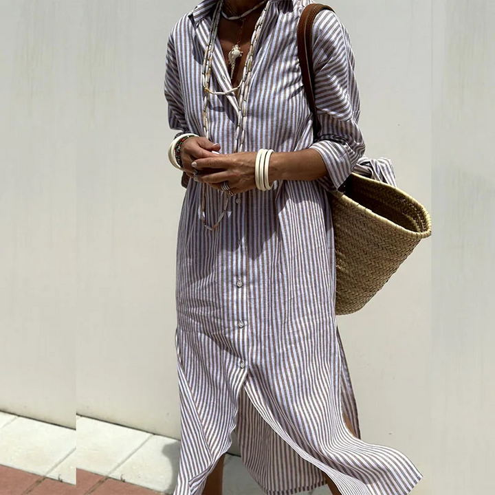 Women's Striped Collared 3/4 Sleeves Shirt Dress | Maxi