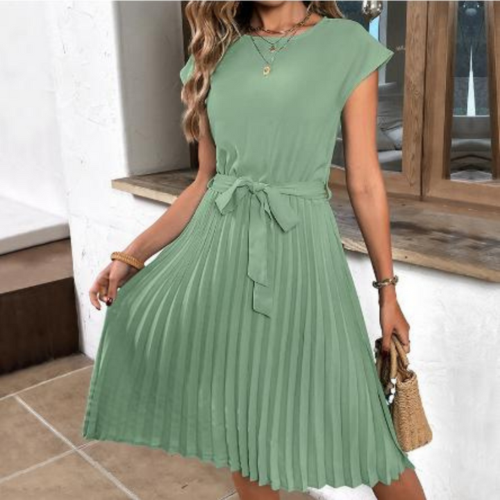 Women's Stylish Pleated Midi Dress | Short-Sleeve