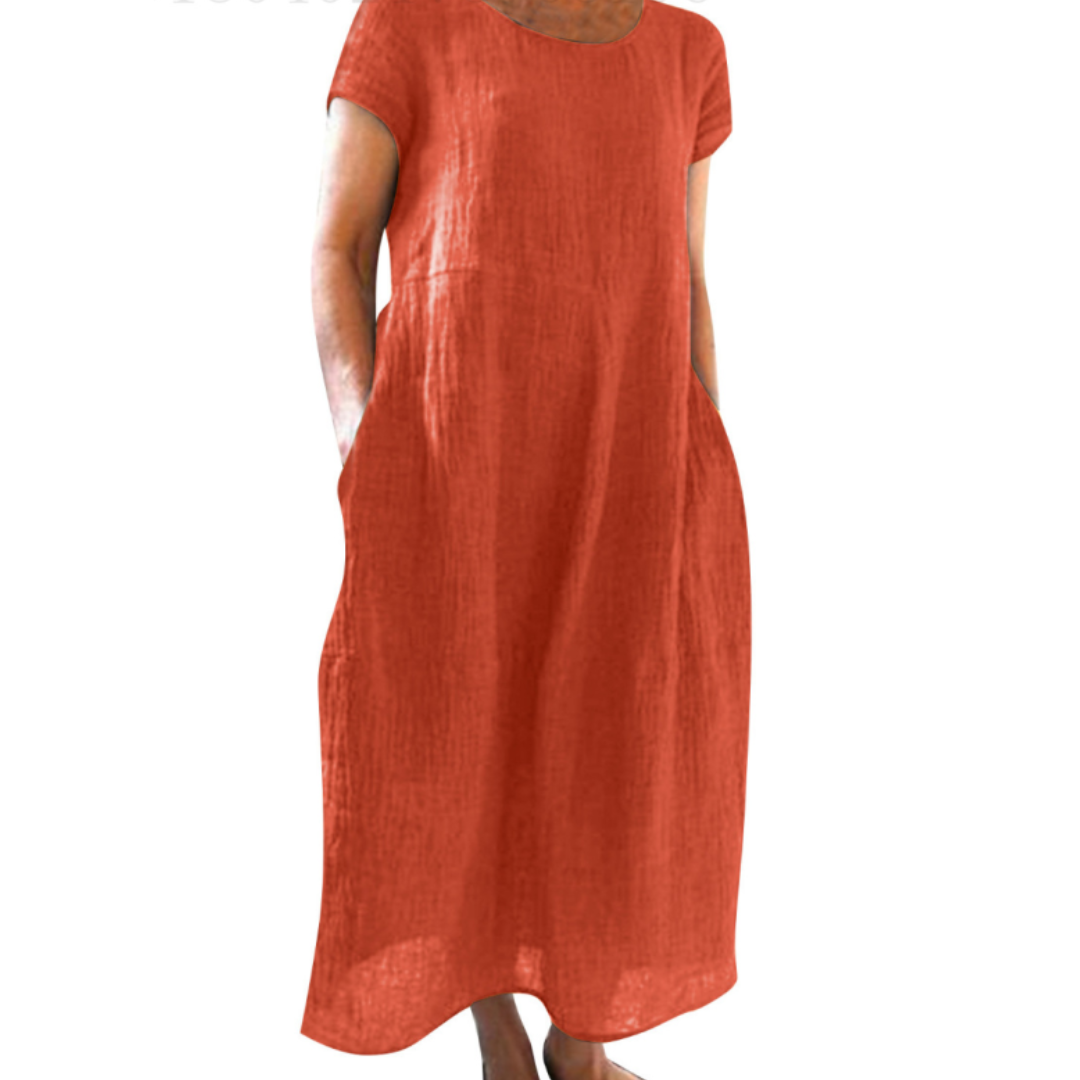 Women's A Line Round Neck with Short Sleeve Dress | Midi