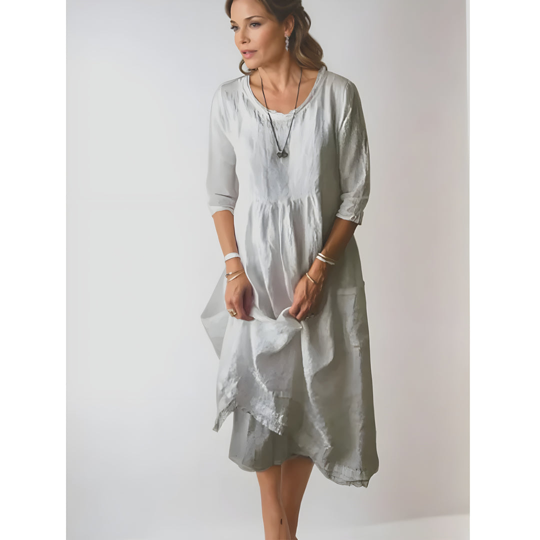 Women's Plain 3/4 Sleeve Round Neck Dress | Midi