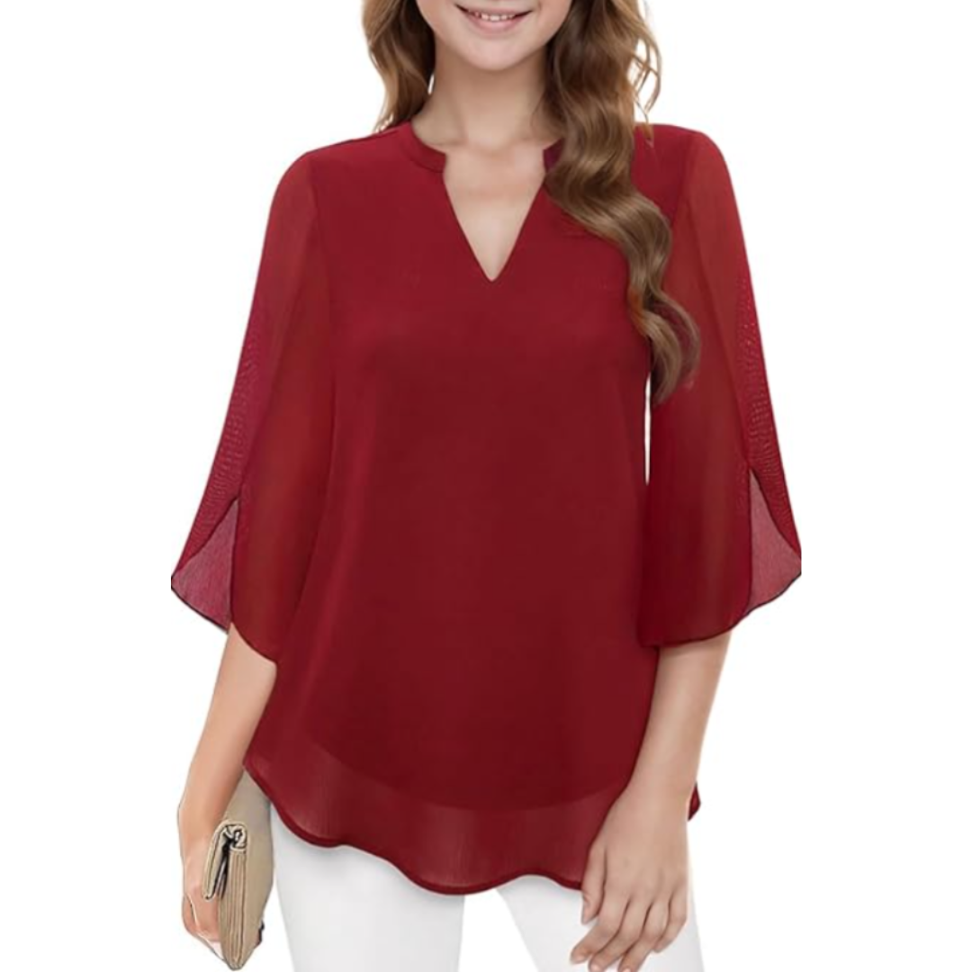 Women's Casual 3/4 Split Sleeves Flowy Blouse | V-Neck