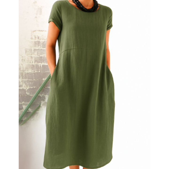 Women's A Line Round Neck with Short Sleeve Dress | Midi