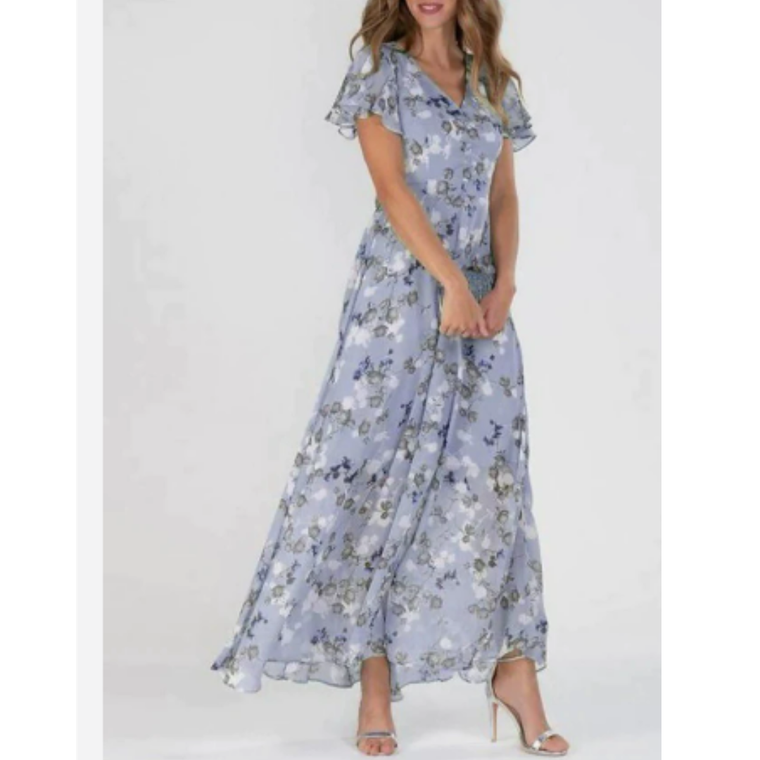 Women's V Neck Floral Short Sleeves Dress | Midi