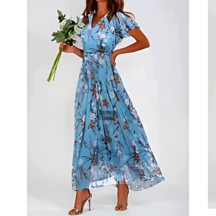 Women's V Neck Floral Short Sleeves Dress | Midi