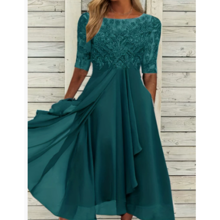 Women's Short Sleeve Layered Round Neck Wedding Guest Dress | Midi