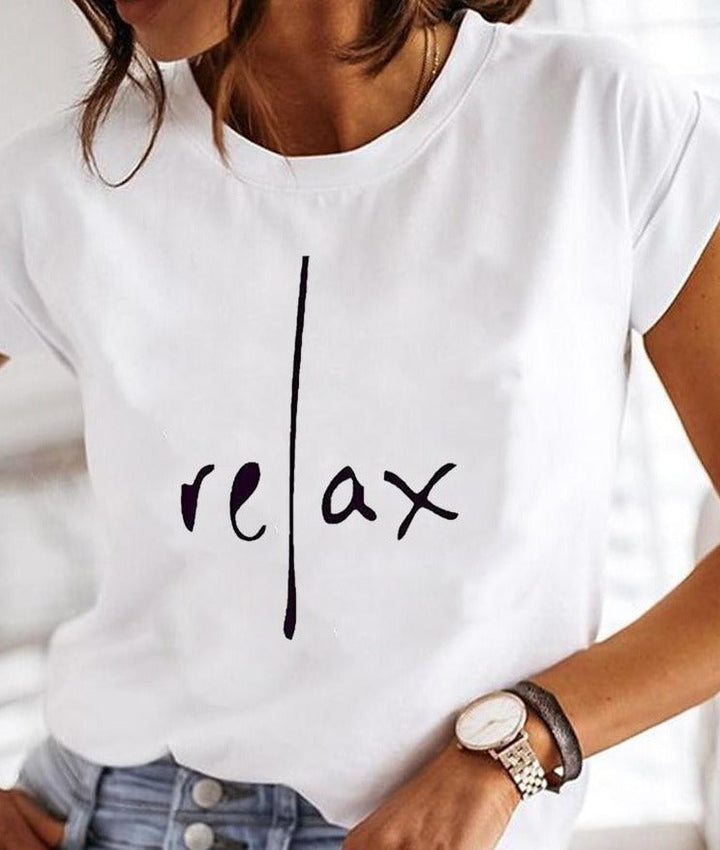 Women's White Printed Short Sleeve T-Shirt | Round Neck