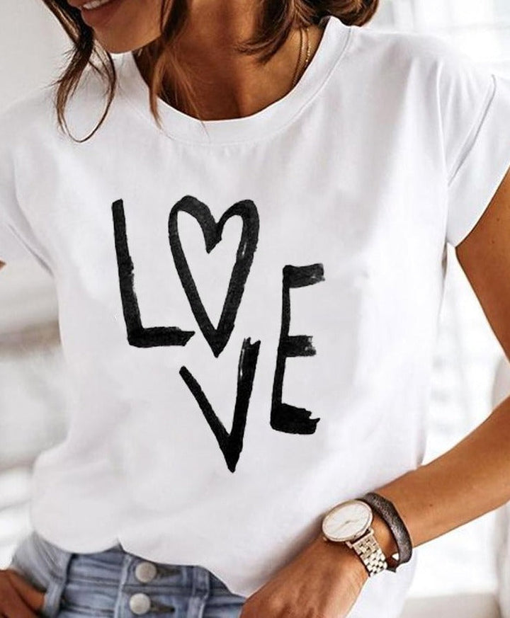 Women's White Printed Short Sleeve T-Shirt | Round Neck