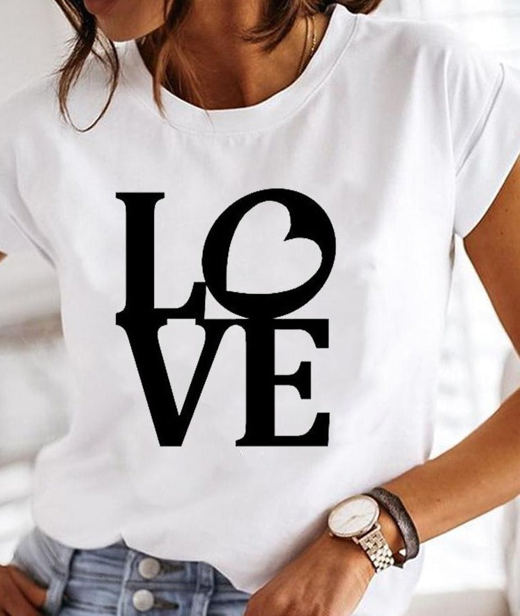 Women's White Printed Short Sleeve T-Shirt | Round Neck
