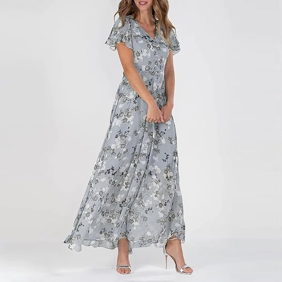 Women's V Neck Floral Short Sleeves Dress | Midi