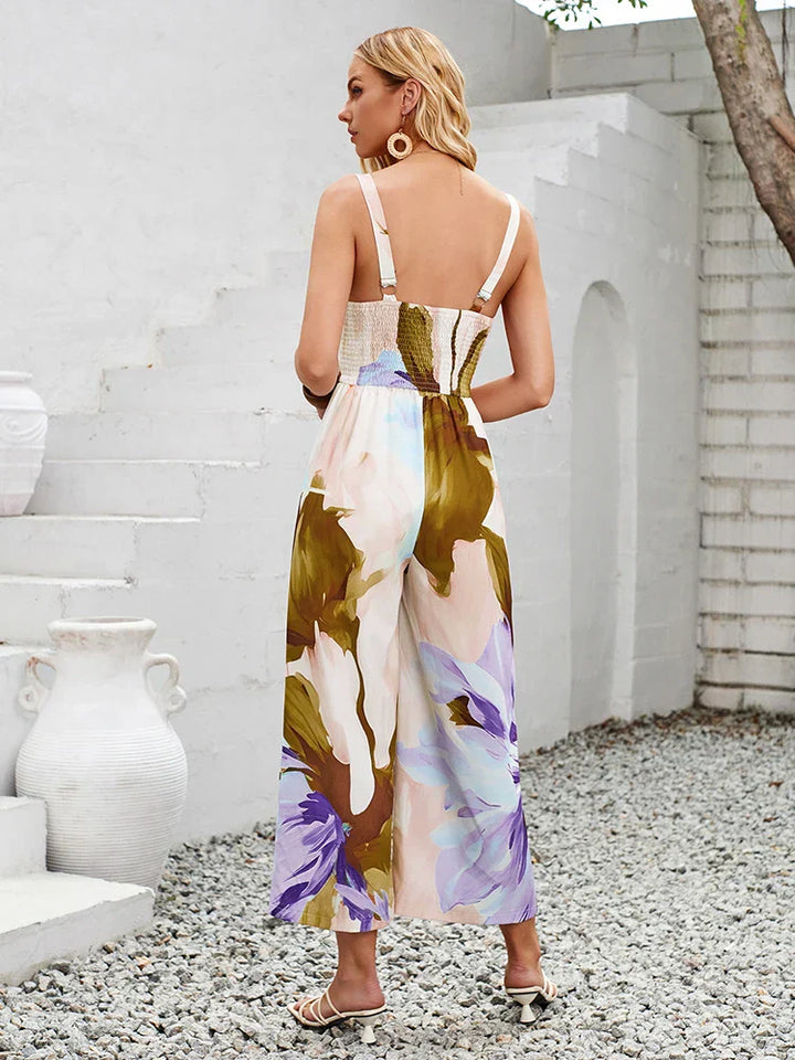 Women's Floral Print V Neck Jumpsuit | Wide Leg
