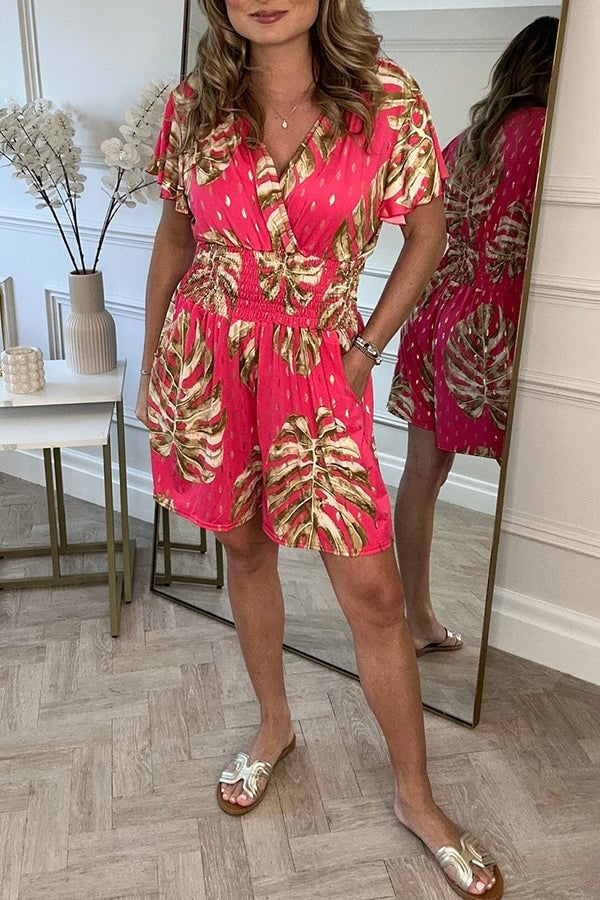 Women's Palm Print Romper with Elastic Waist | V-neck