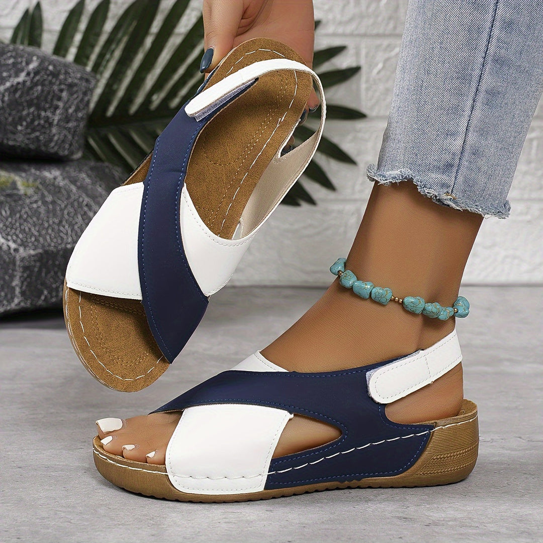 Women's Contrast Color Block Wedge Sandals | Cross Strap and Open Toe