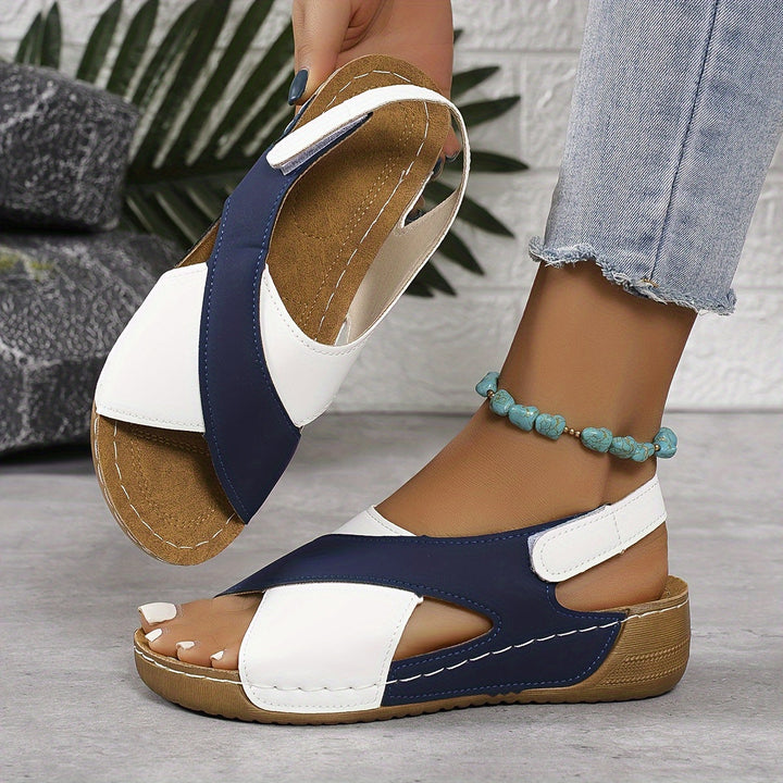 Women's Contrast Color Block Wedge Sandals | Cross Strap and Open Toe