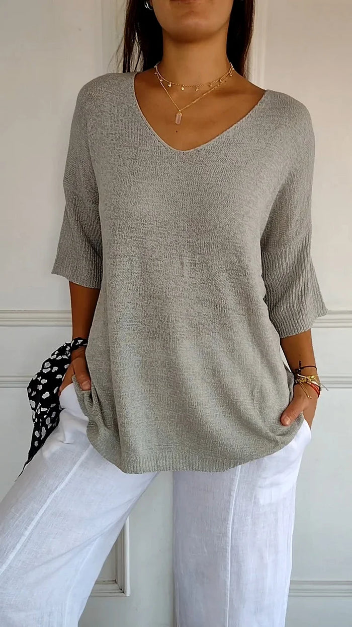 Women Solid Color Knitted 3/4 Sleeve V-Neck Tops | Casual