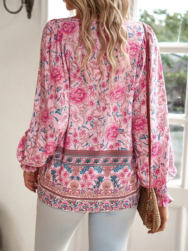 Women's Floral Print Long Sleeve Blouse | Tie-neck