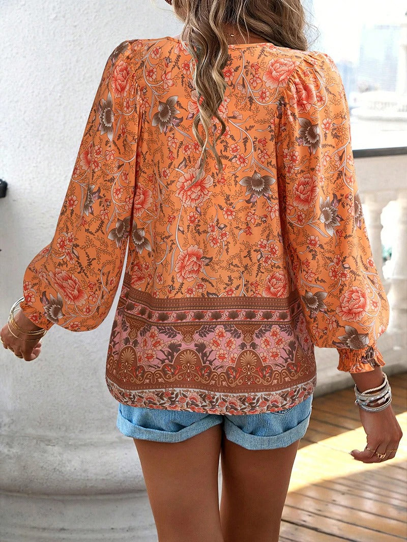 Women's Floral Print Long Sleeve Blouse | Tie-neck