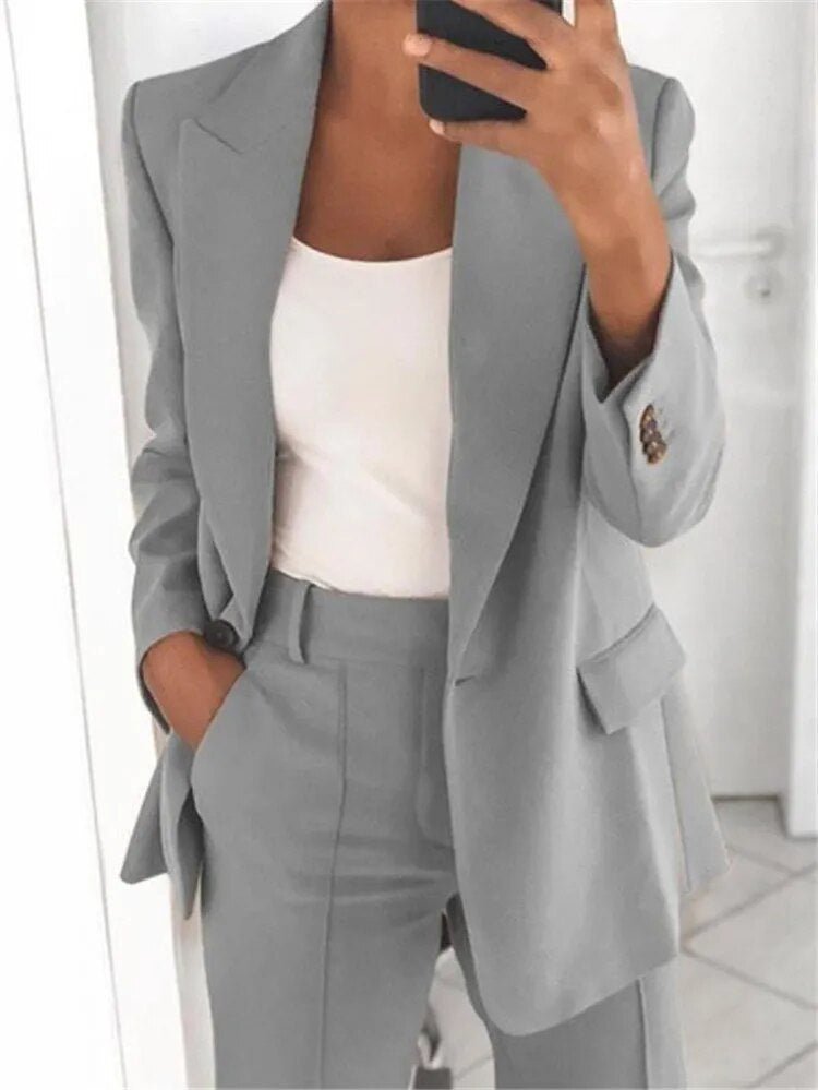 Women's Stylish Lapel Slim-Fit Blazer and Trousers Suit Set | Office