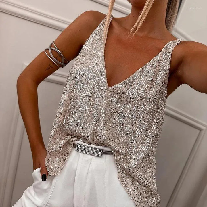 Women's Sequin V-Neck Party Top | Sleeveless