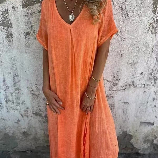 Women's V-Neck Summer Midi Dress | Short Sleeve