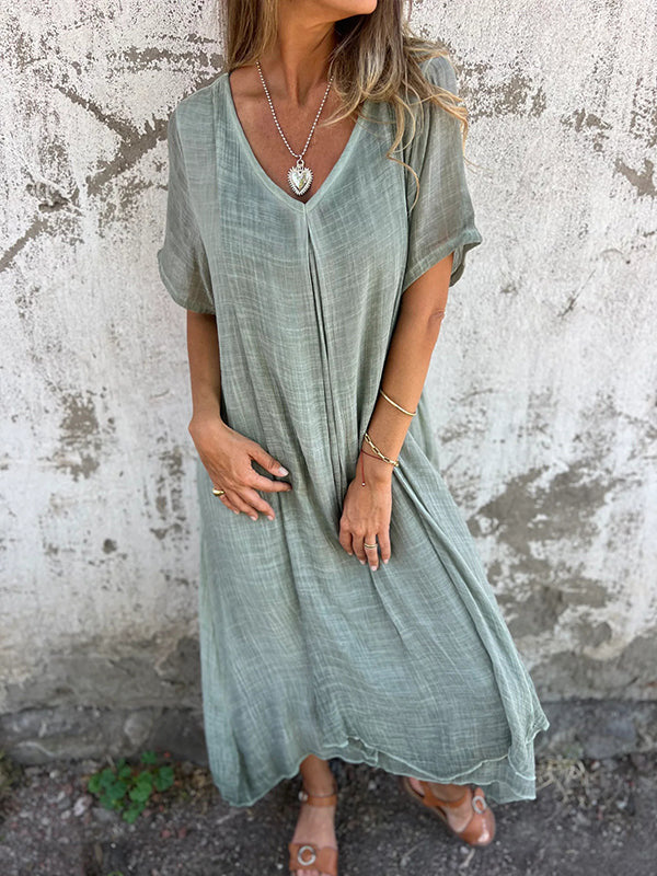 Women's V-Neck Summer Midi Dress | Short Sleeve