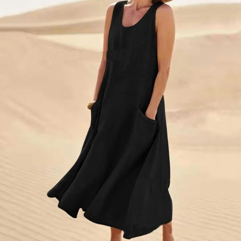 Women's Round Neck Sleeveless Summer Midi Dress | With Pockets