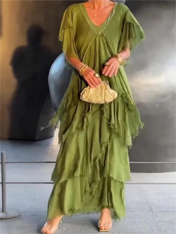 Women's Short Sleeves V-Neck Tiered Ruffle Dress | Maxi