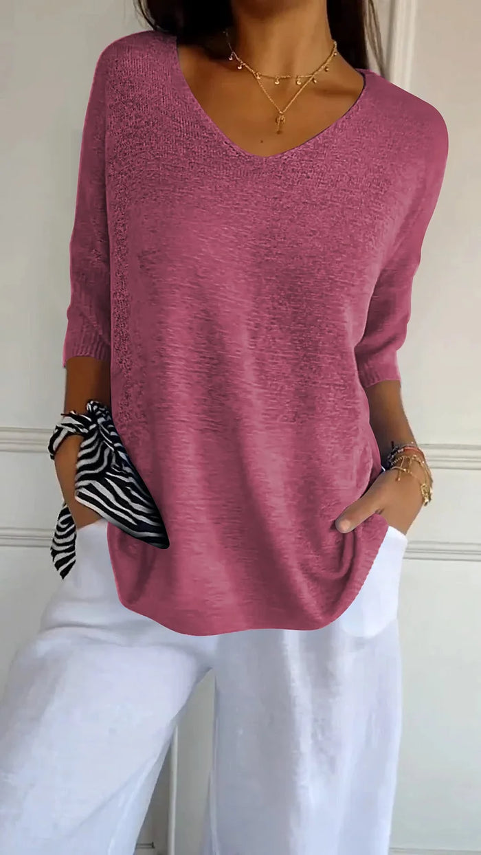 Women Solid Color Knitted 3/4 Sleeve V-Neck Tops | Casual