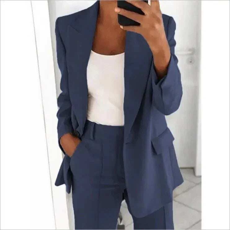 Women's Stylish Lapel Slim-Fit Blazer and Trousers Suit Set | Office
