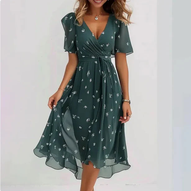 Women's V-Neck Floral Print A-Line Wrap Midi Dress | Short Sleeve