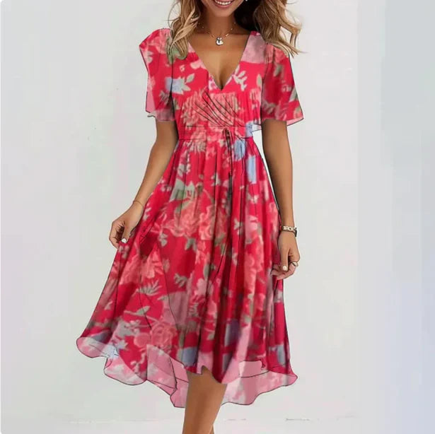 Women's V-Neck Floral Print A-Line Wrap Midi Dress | Short Sleeve