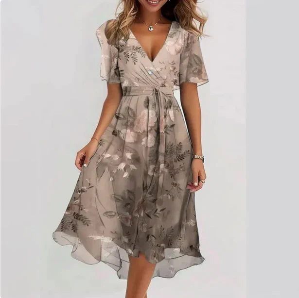 Women's V-Neck Floral Print A-Line Wrap Midi Dress | Short Sleeve