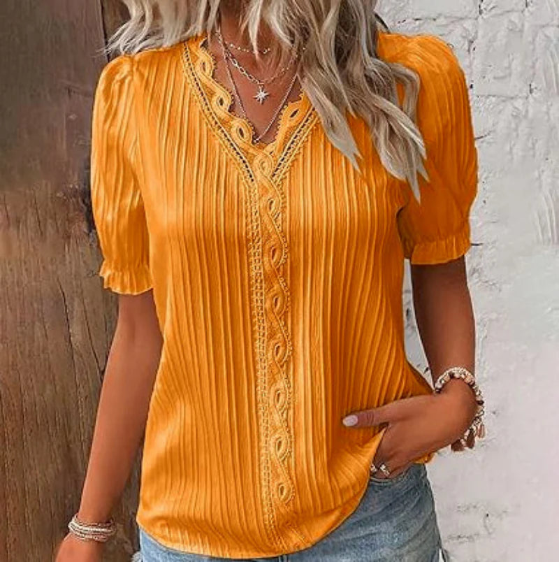 Women's Stylish Loose Fit V-Neck Blouse | Short Puff Sleeve