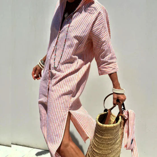 Women's Striped Collared 3/4 Sleeves Shirt Dress | Maxi