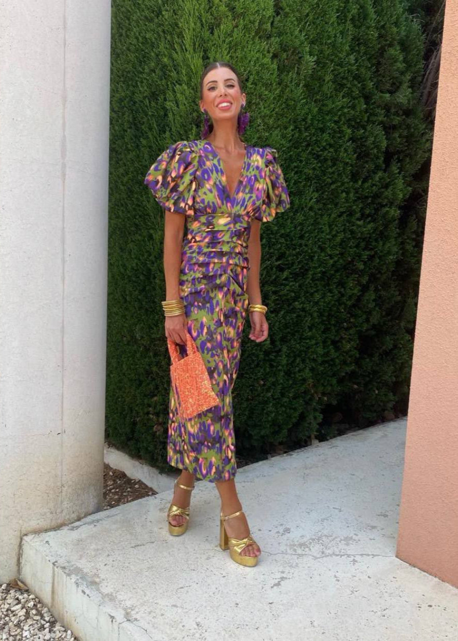 Women's Puffed Sleeves Slim Dress | Midi