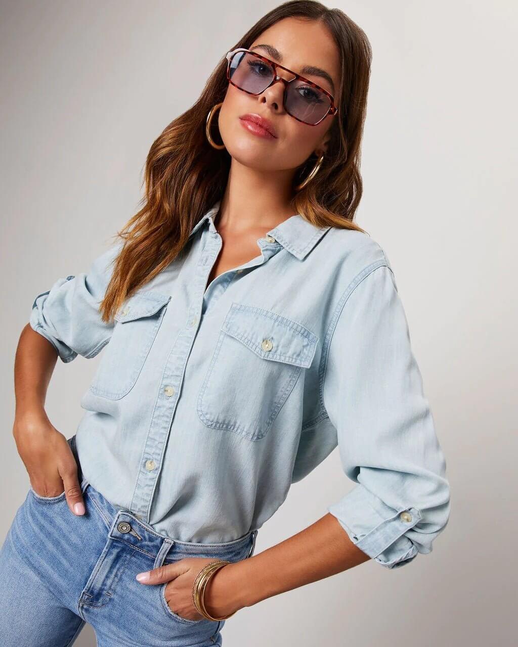 Women's Button Down Long Sleeves Shirt | Chest Pockets