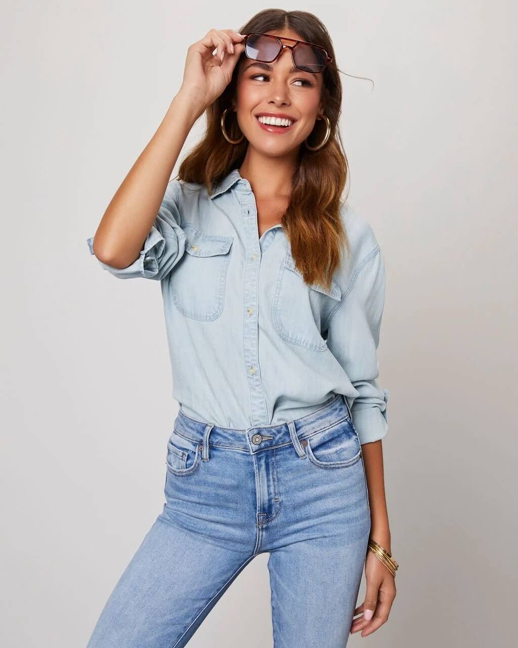 Women's Button Down Long Sleeves Shirt | Chest Pockets