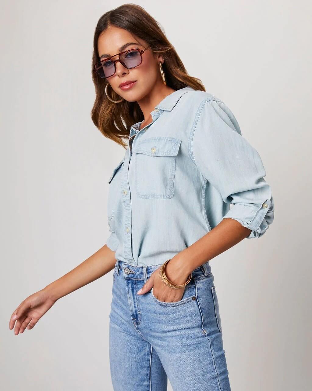 Women's Button Down Long Sleeves Shirt | Chest Pockets