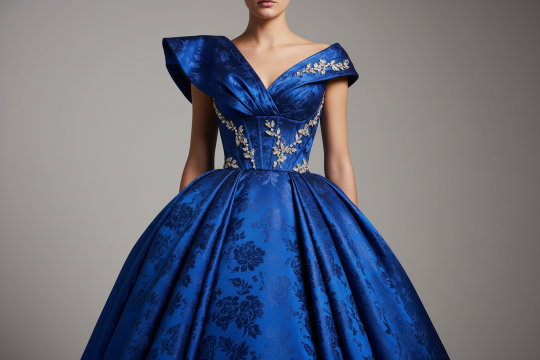 Make a picture of a model wearing high end dress, realistic. Make sure the picture is cutoff around neck so you cannot see the face