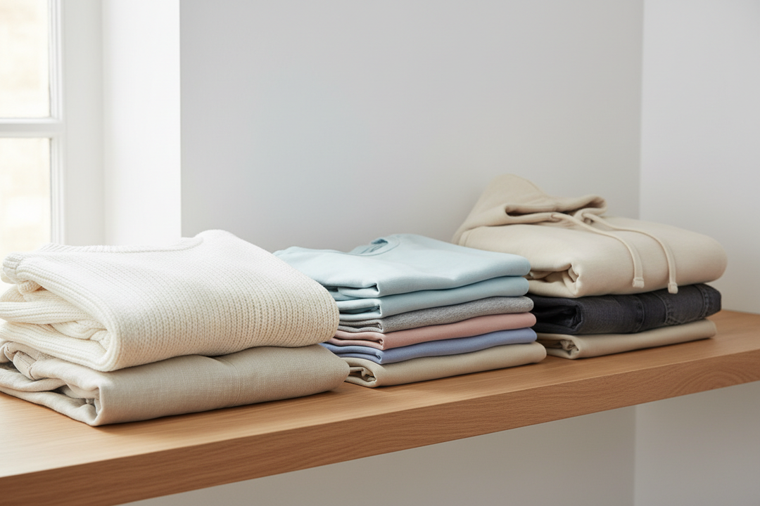 Make a picture of folded clothes, not branded. High quality and realistic, make them stacked on a shelf 