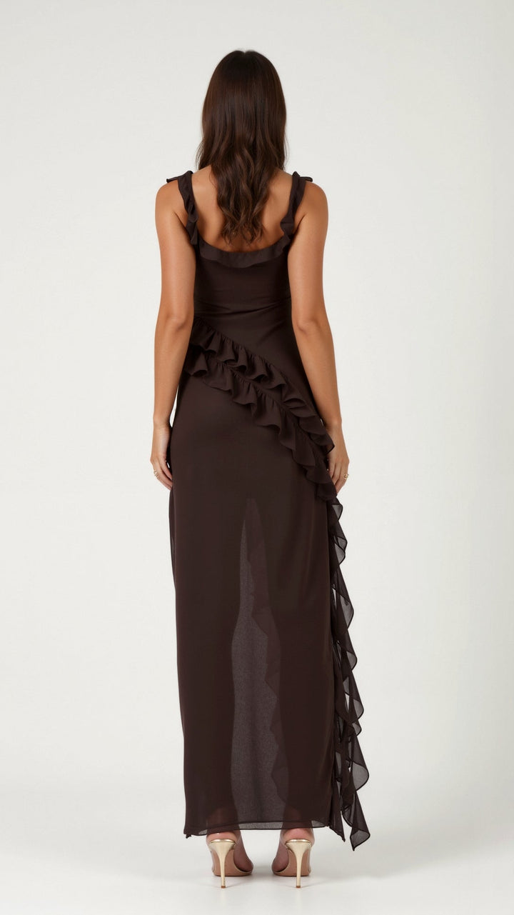 Women's Ruffle Wedding Guest Dress with High Slit | Maxi