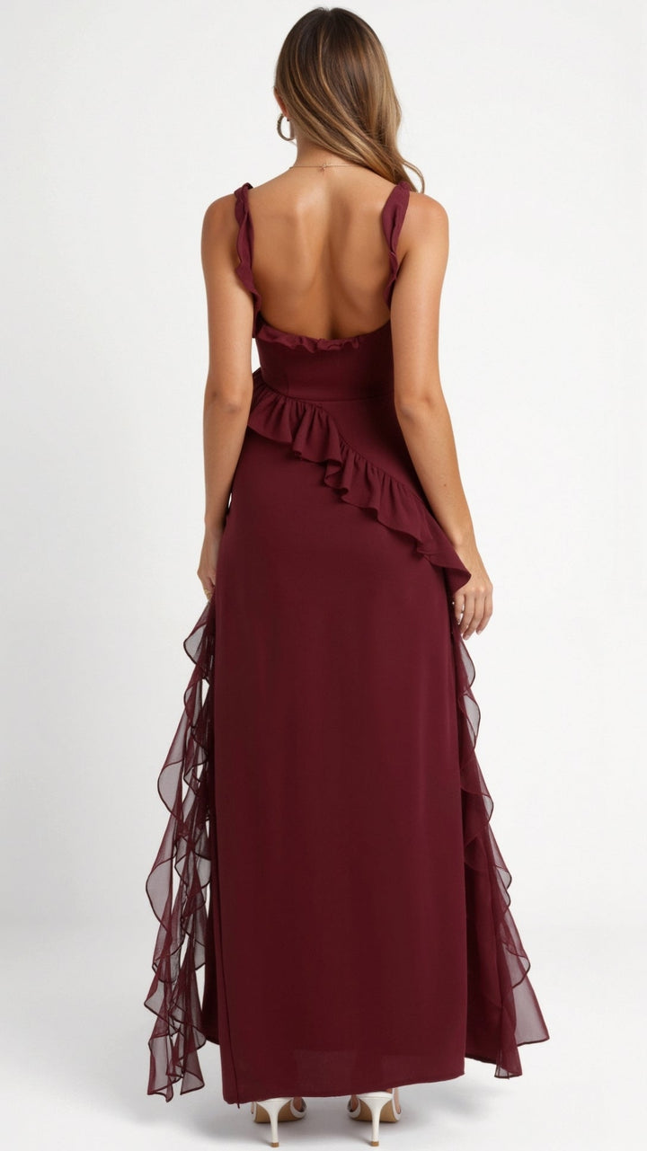 Women's Ruffle Wedding Guest Dress with High Slit | Maxi